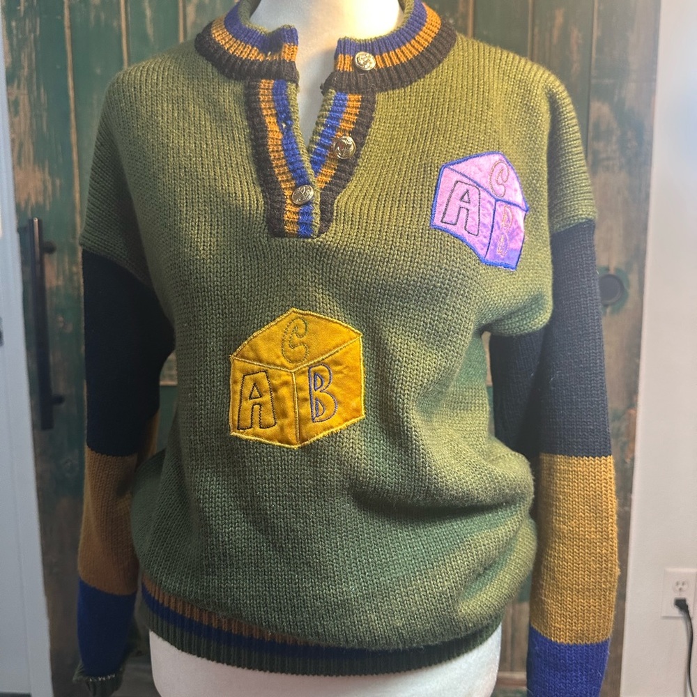 Vintage hand stitched ABC block knit sweater  color block school core pullover m
